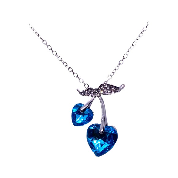 Imitation Blue Topaz Cubic Zirconia CZ Gemstone Cherry Cherries Heart Necklace - Picture 2 of 5